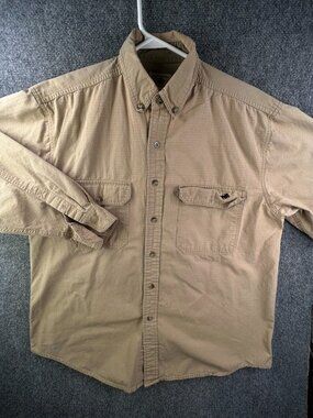VTG Winchester Button Up Shirt Beige Long Sleeve Cargo Pockets Logo XL/2XL